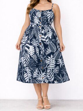 Old Navy Cotton Linen Navy Blue & White Tropical Button Front Dress - NWOT